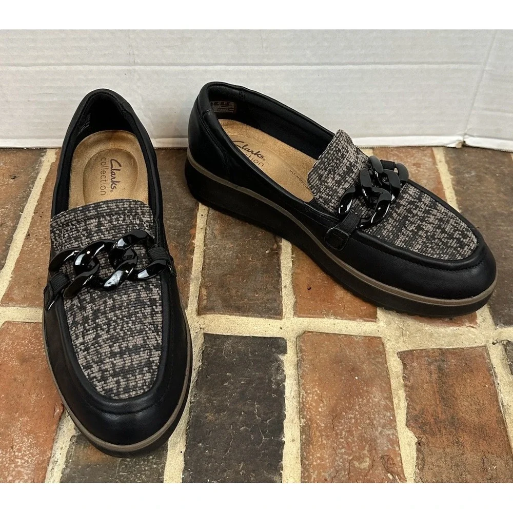 Clarks Black Leather Loafers Houndstooth Chunky Chain Detail Comfort Women's 9.5